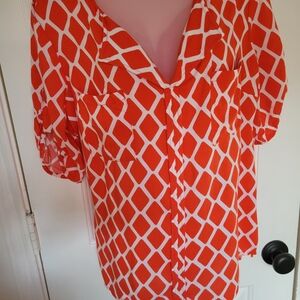 Cato Orange and White Puff Sleeve Graphic‎ Blouse